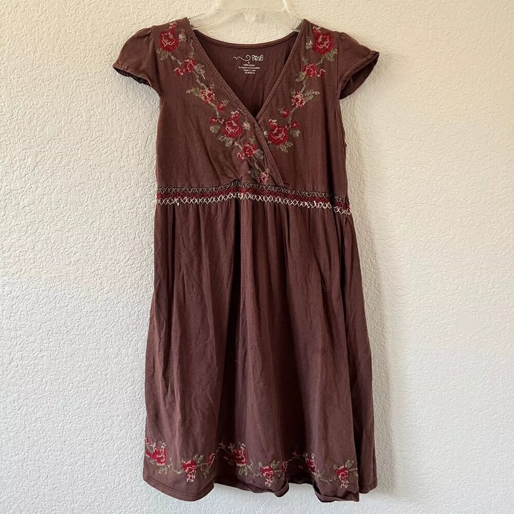 Brown Babydoll Y2K Floral Boho Embroidered V-Neck T-Shirt Dress Womens S